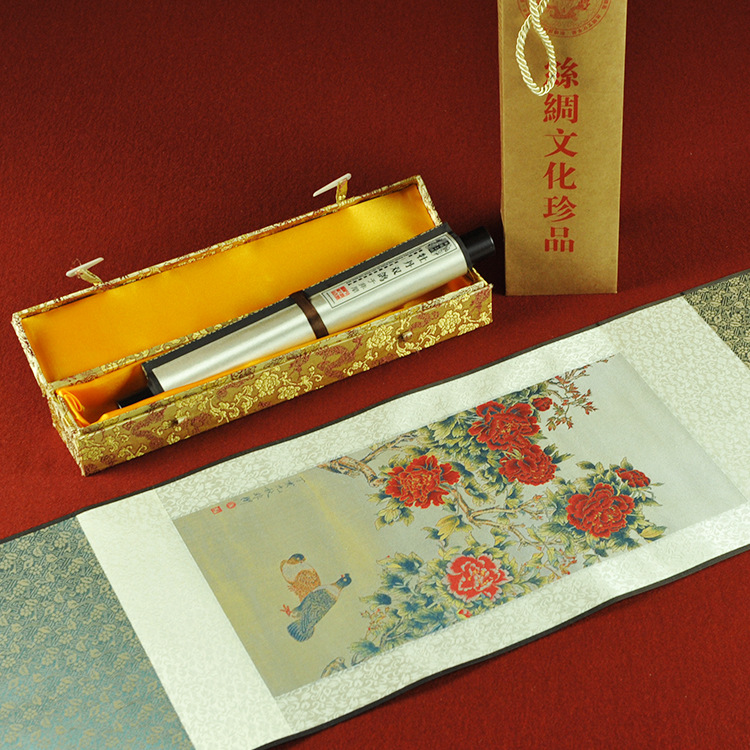 【牡丹双鸽】丝绸卷轴画 数码织锦花鸟画 商务礼品