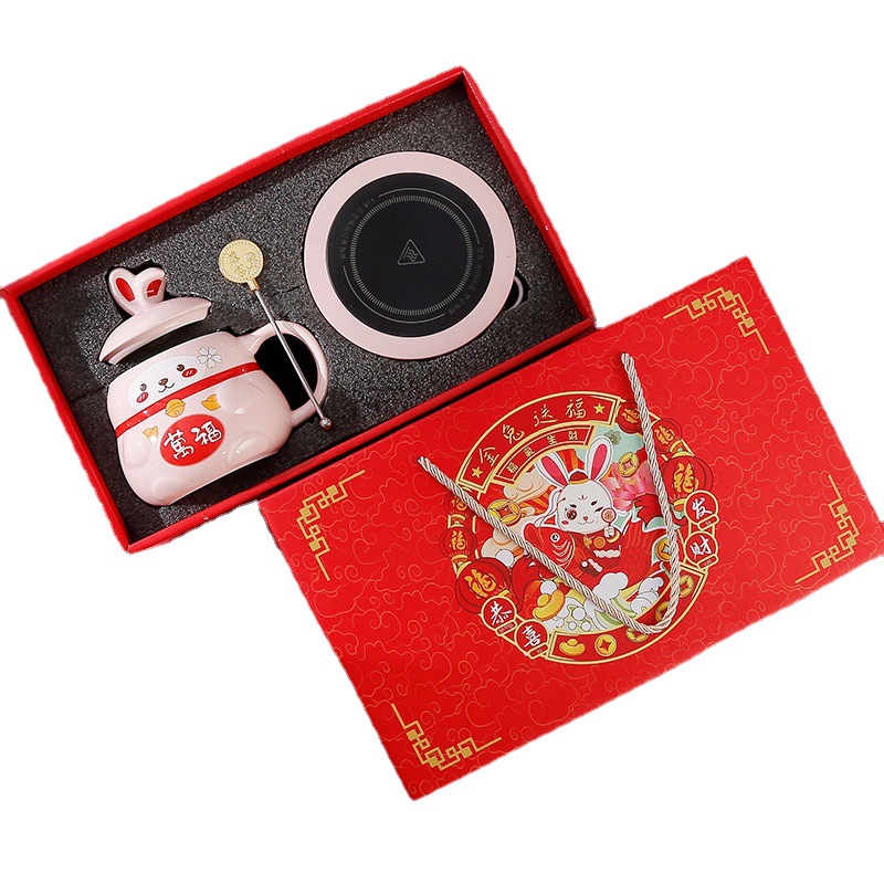 萌兔恒温杯礼盒套装 保温杯垫+陶瓷杯+金币搅拌棍 冬季实用礼品