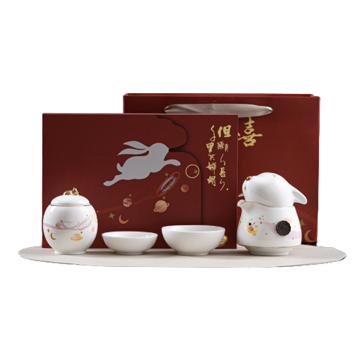 萌兔快客杯伴手礼套装 一壶二杯+茶叶罐 兔年茶具礼品