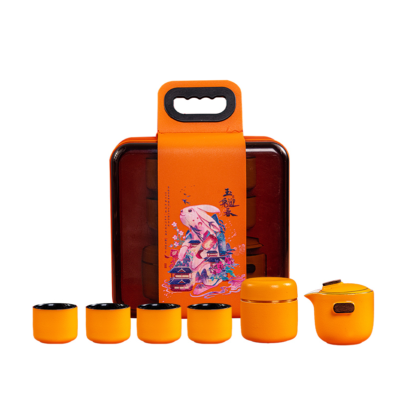 【玉兔迎春】兔年礼品陶瓷商务茶具 一壶四杯+茶叶罐 公司定制礼品