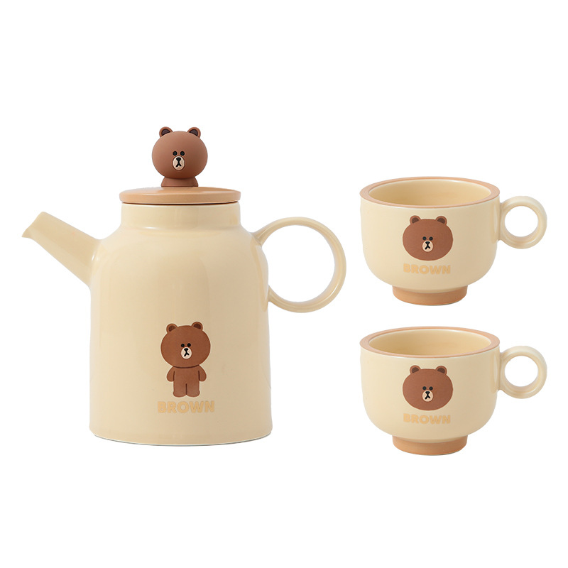 LINE FRIENDS 家居轻奢水具套装 卡通陶瓷水壶+2水杯 年会抽奖礼品