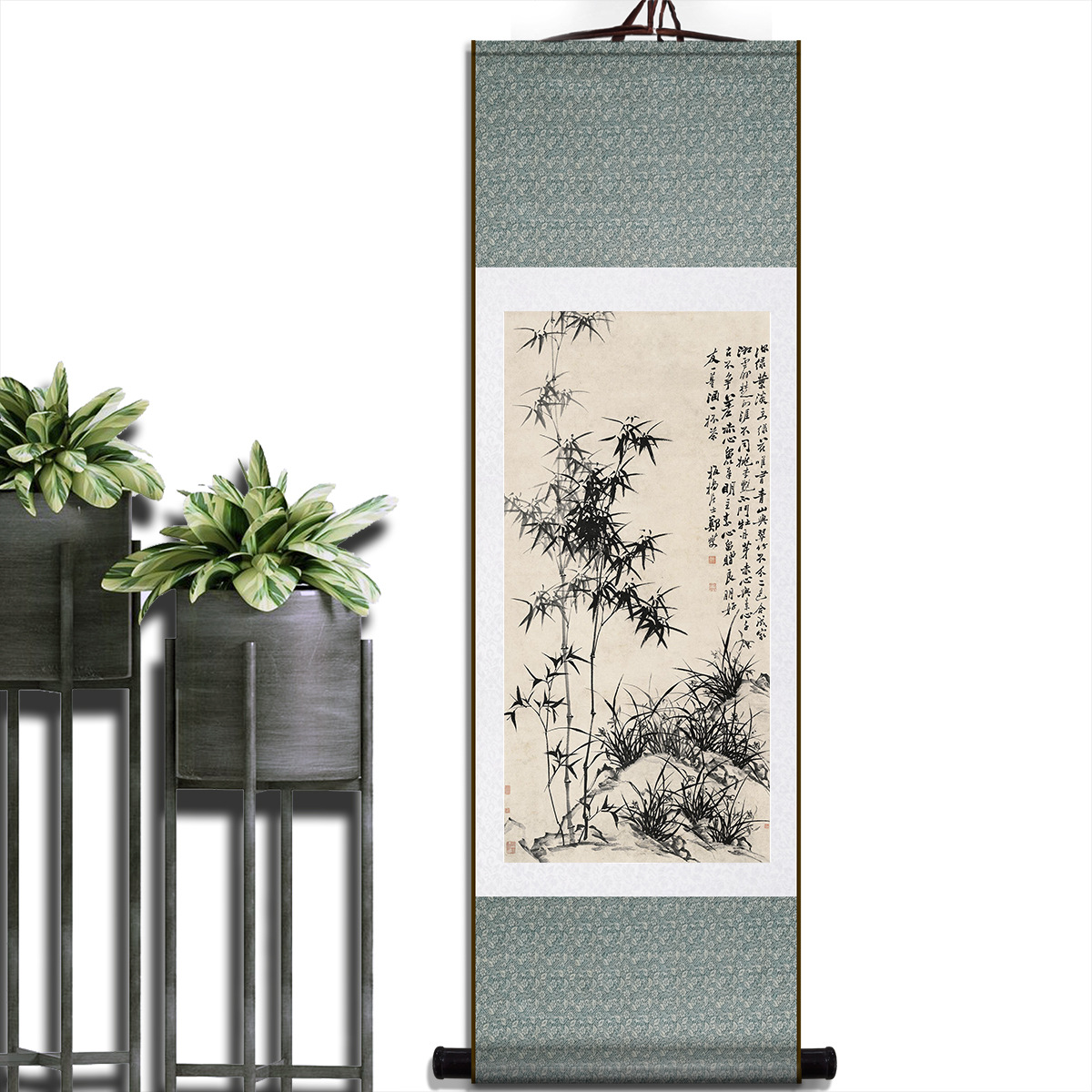 郑板桥丝绸工艺礼品国画 水墨竹卷轴画 外事礼品