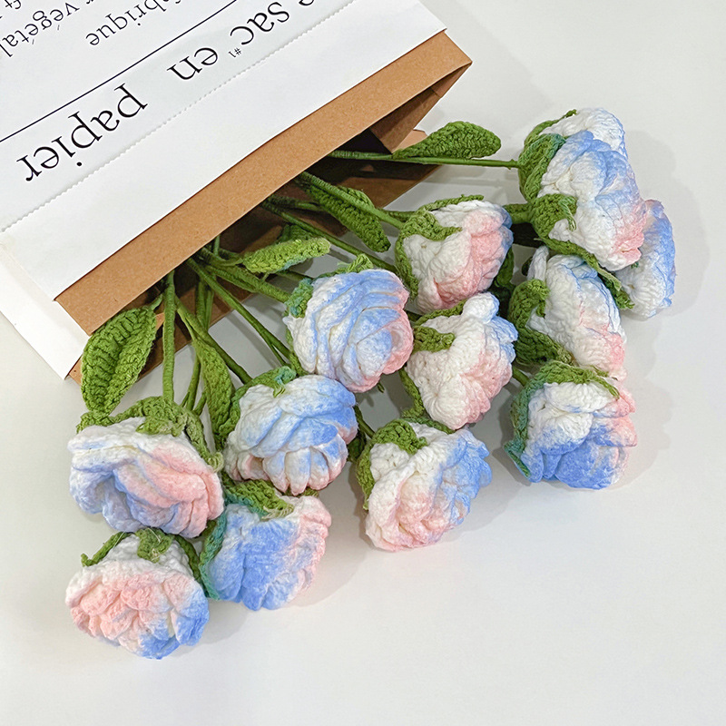 （一支装）创意手工编织彩色玫瑰花成品 三八女神节情人节小礼品 
