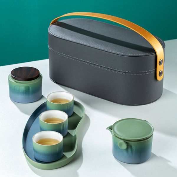 千里江山随行茶具套装 一壶三杯+茶叶罐+茶盘 国风茶具礼品